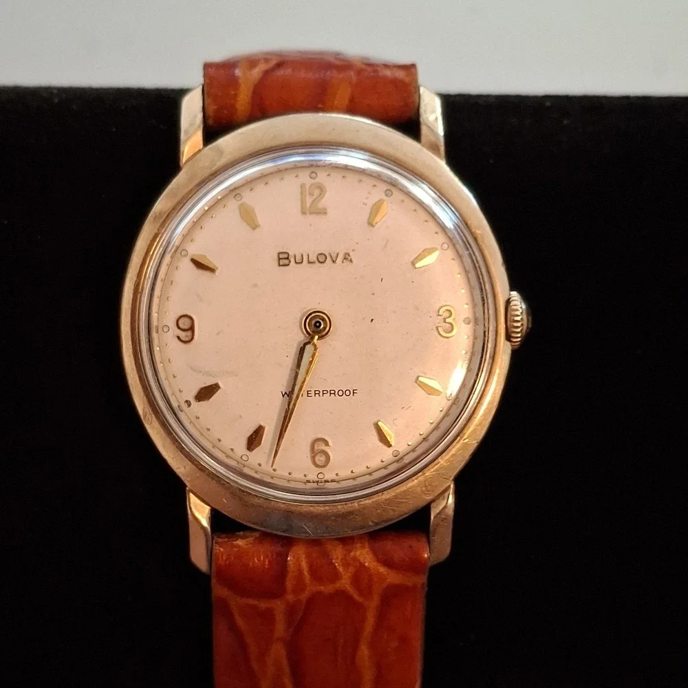 Bulova G875046 17 Jewel Manual Wind, 10KT RGB Mens Watch. Brown Leather Band.